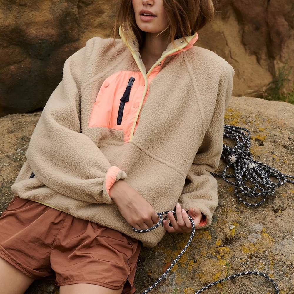 Beige Fleece Jacket with Coral Accents